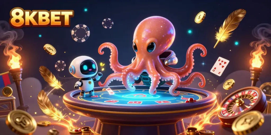 Engage with 8KBET in a cosmic betting adventure featuring an alien octopus at a poker table.