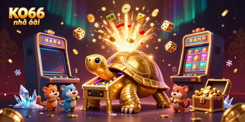 Play exciting games at KO66 nhà cái with golden tortoise and slot machine bursting with jackpots.