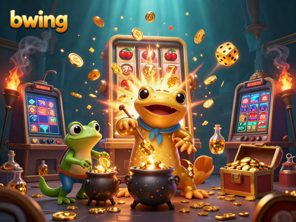 Engage in bwing's thrilling games while witnessing a vibrant alchemist scene with gold coins and jackpot excitement.