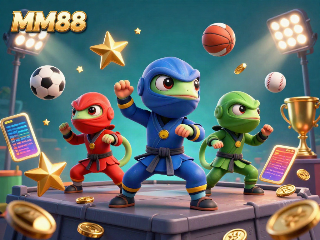 Experience the excitement of MM88 with a dynamic scene of ninja chameleons in action amidst golden casino elements.