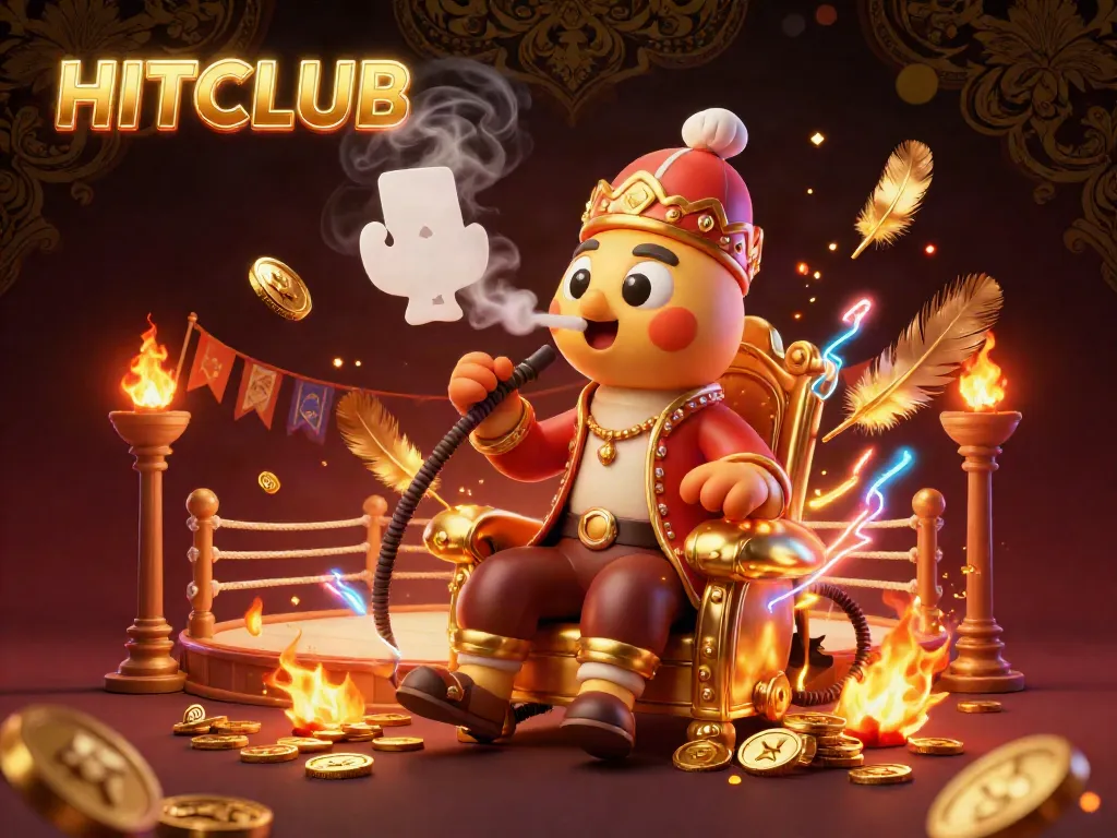 HITCLUB gaming illustration with a whimsical caterpillar master and casino elements.