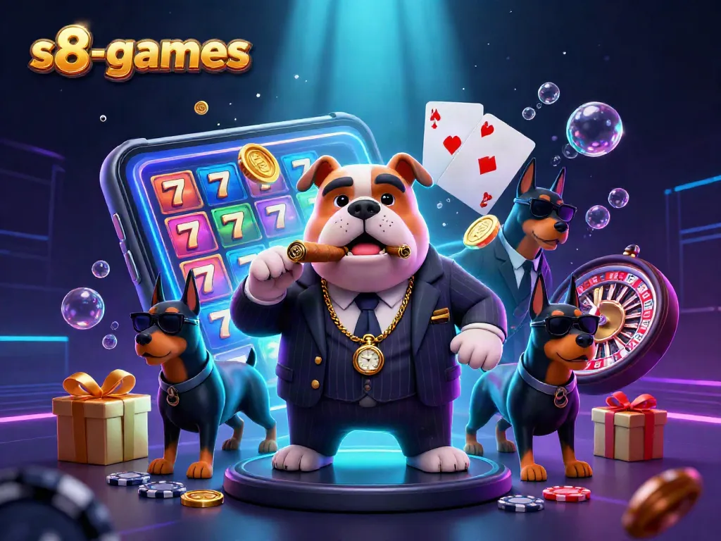S8-games showcase thrilling slots action with a mafia boss bulldog and bodyguard Dobermans amid vibrant casino elements.