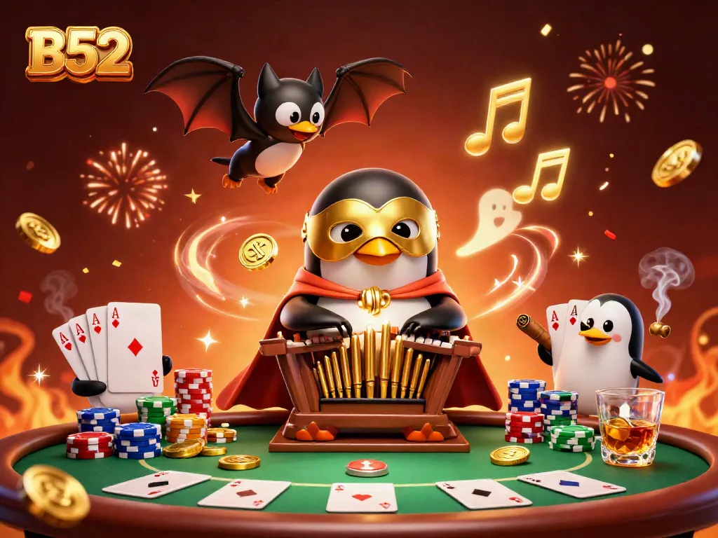 B52 penguin playing pipe organ with coins and poker elements for an exciting casino scene