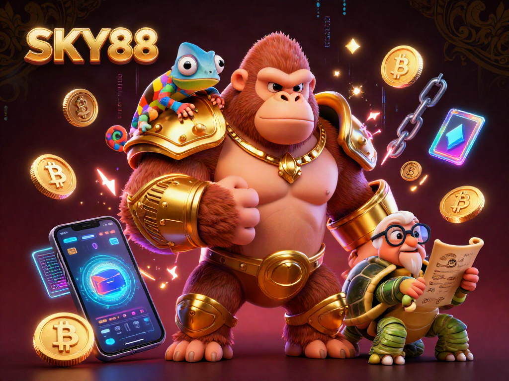Experience thrilling gameplay at SKY88 with a dynamic 3D illustration of casino characters and gaming elements.