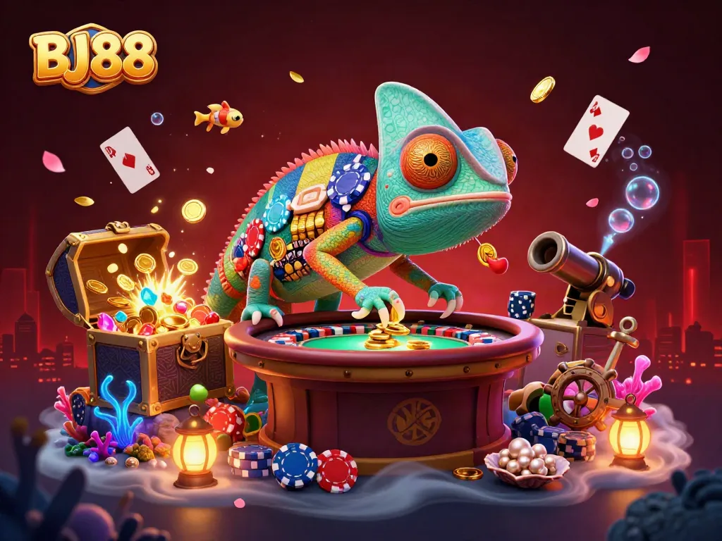 Engage with BJ88's vibrant casino scene featuring dynamic games and colorful characters.