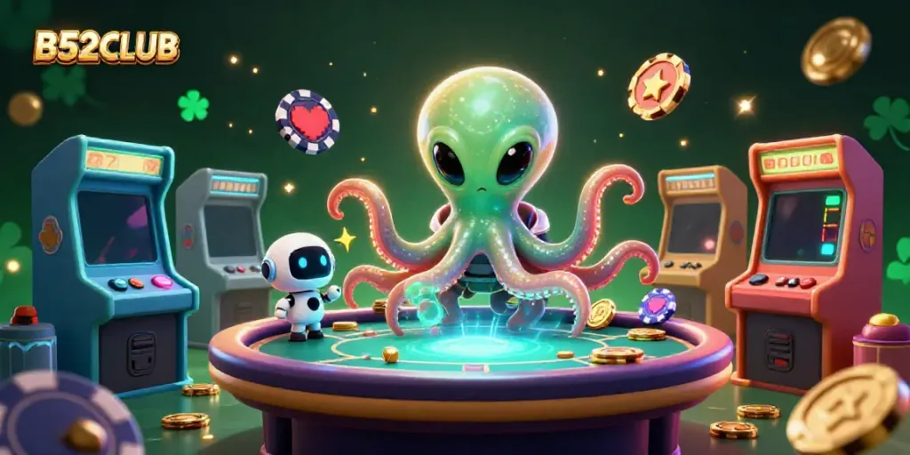 Engage at the B52CLUB with a vibrant 3D alien octopus controlling a holographic poker table.