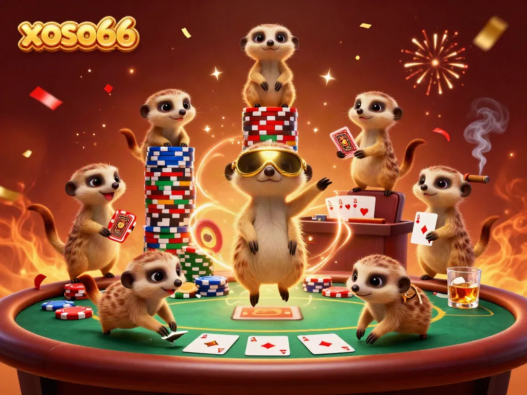 Experience the excitement of xoso66 with meerkats managing a colorful casino filled with poker chips and celebration.