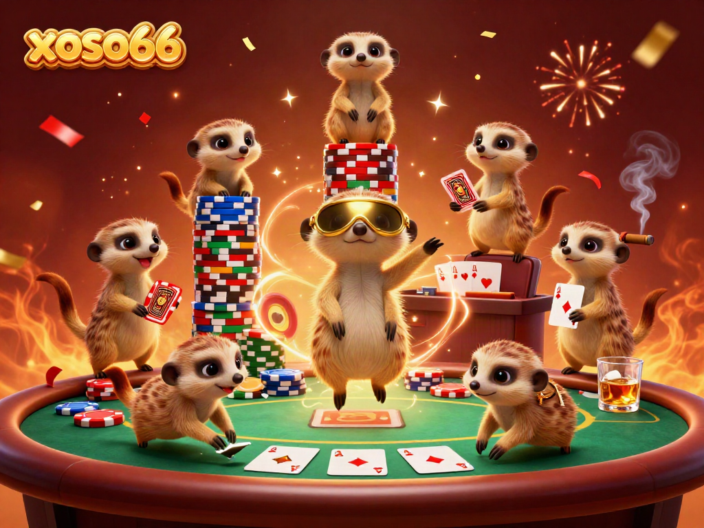 Experience the excitement of xoso66 with meerkats managing a colorful casino filled with poker chips and celebration.