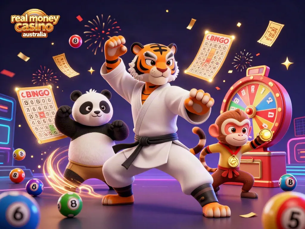 Engage at real money casino australia with vibrant character illustration featuring a kung fu tiger master.