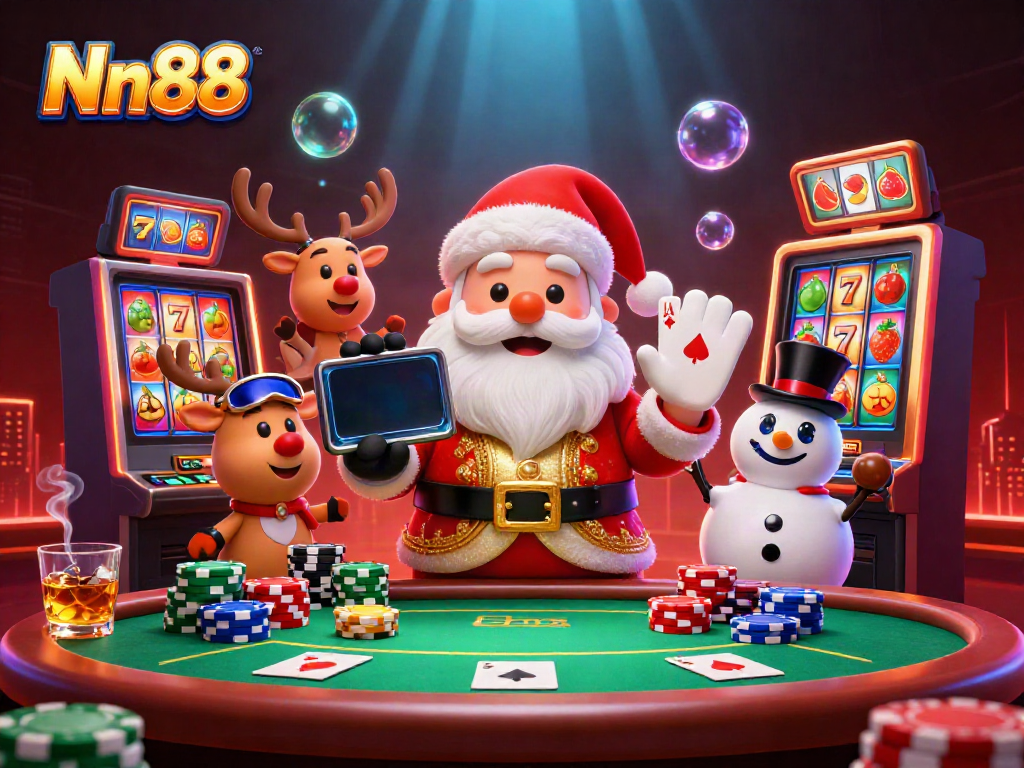 Experience Nn88's ultimate slots adventure with Santa and friends in a vibrant casino scene.