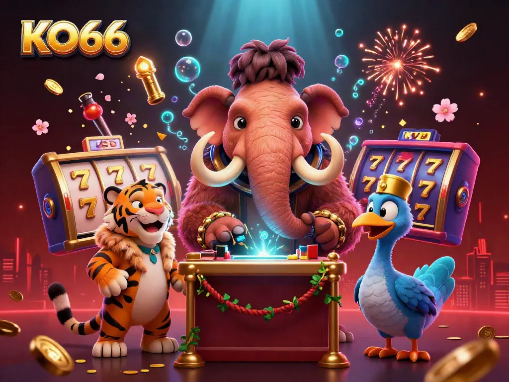 Experience the excitement of KO66 with a whimsical 3D casino scene featuring a mammoth, saber-tooth tiger, and vibrant game elements.
