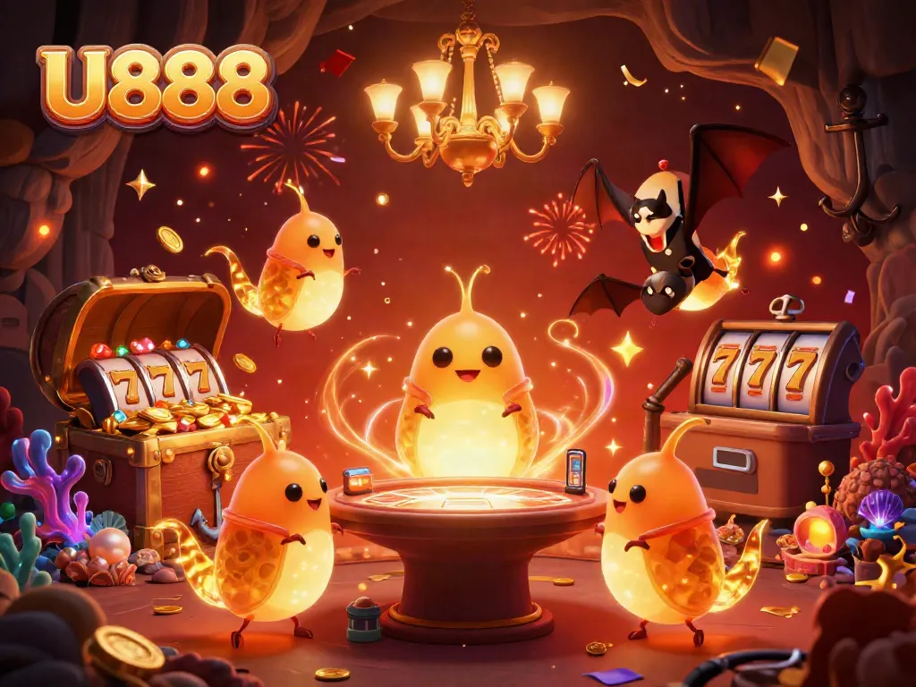 Enjoy the vibrant U888 cave casino with glowworms lighting the action and slot gameplay elements.