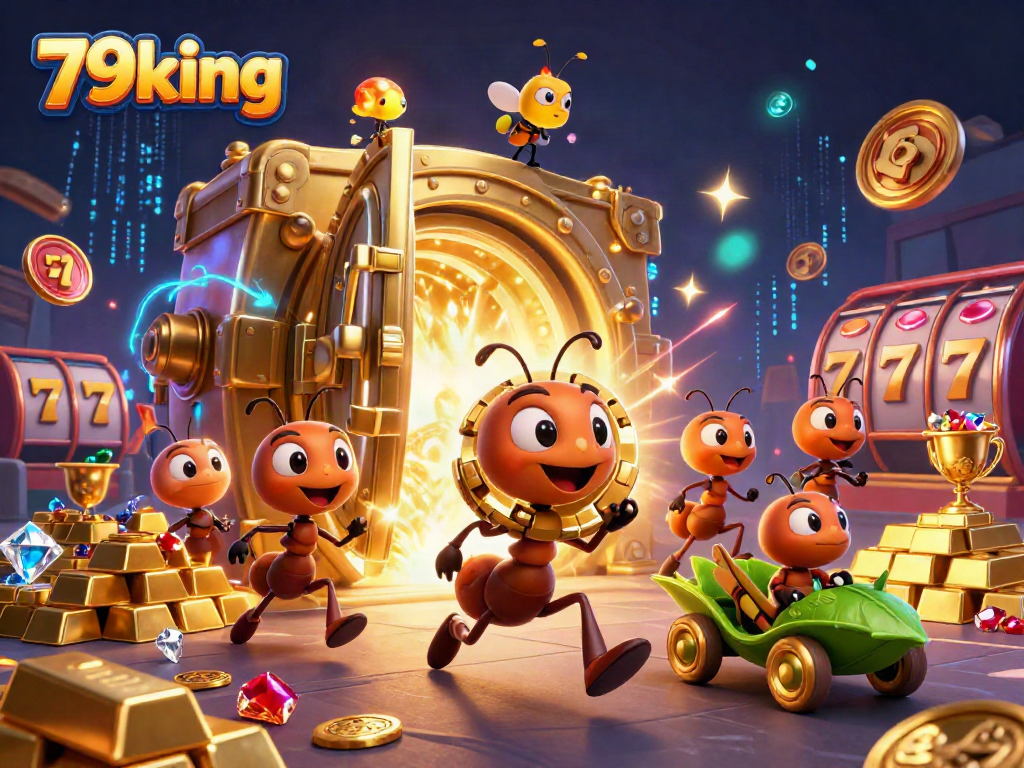 Join the action at 79king with this vibrant scene of a heist featuring ants, poker chips, and casino elements.