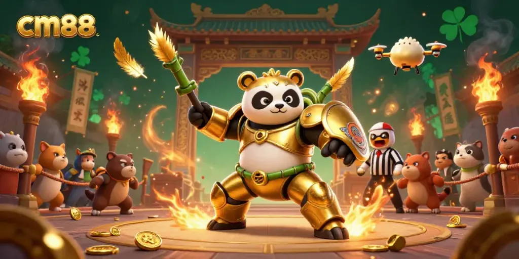 Experience the excitement of cm88 in a vibrant arena with a panda battling in a robot surrounded by cheering spectators.