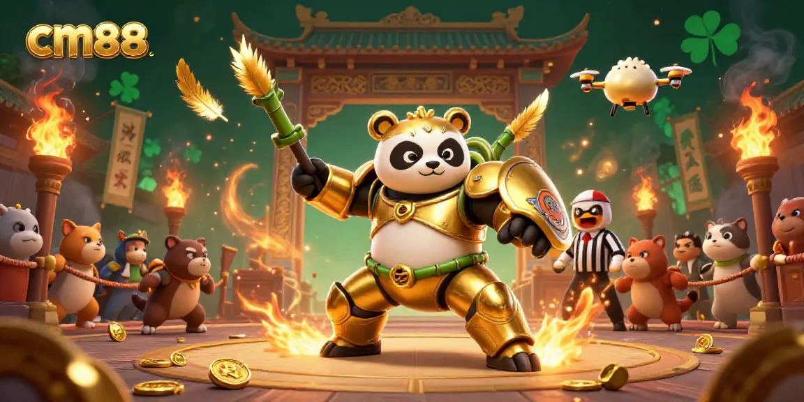 Experience the excitement of cm88 in a vibrant arena with a panda battling in a robot surrounded by cheering spectators.