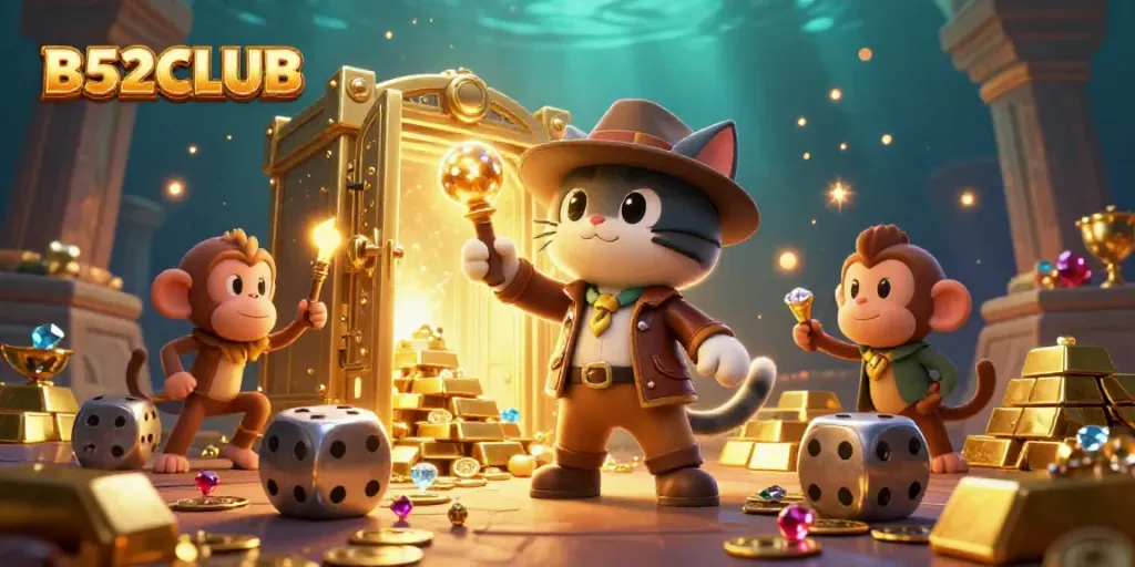 Engaging scene of B52CLUB's gambling adventure, featuring a cat archaeologist and monkey companion.