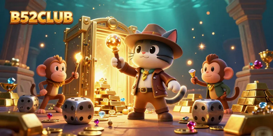 Engaging scene of B52CLUB's gambling adventure, featuring a cat archaeologist and monkey companion.