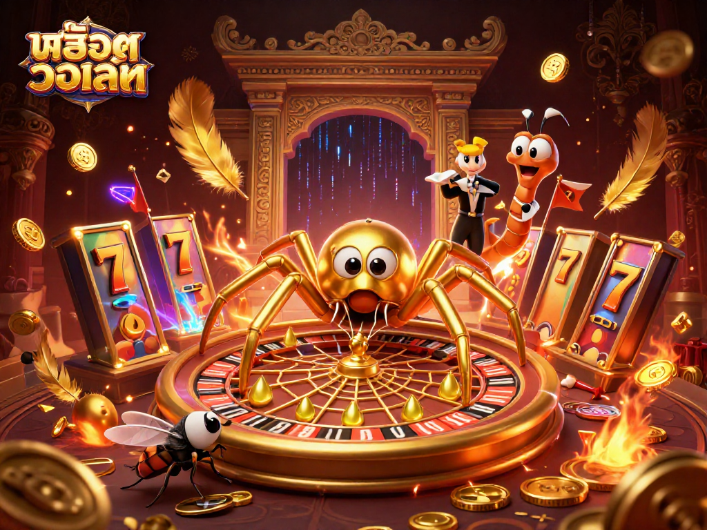 Experience the excitement of สล็อตวอเลท as golden characters spin a roulette wheel of fortune.
