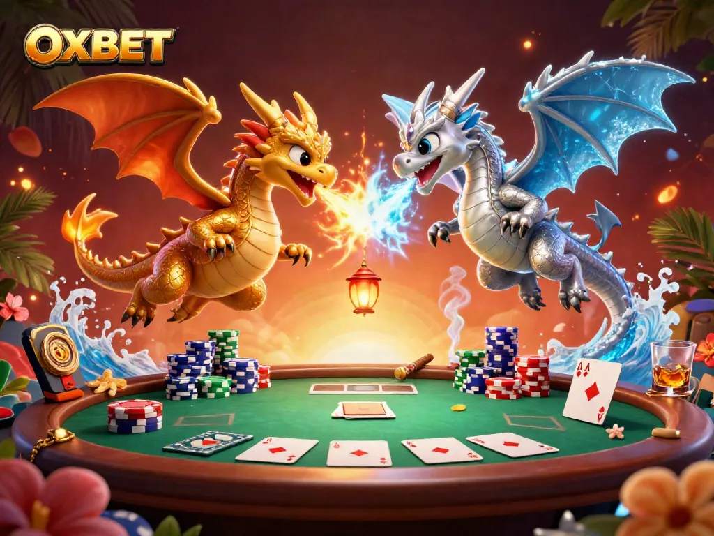 Experience the thrilling world of OXBET with dynamic dragons and poker elements in this vibrant scene.
