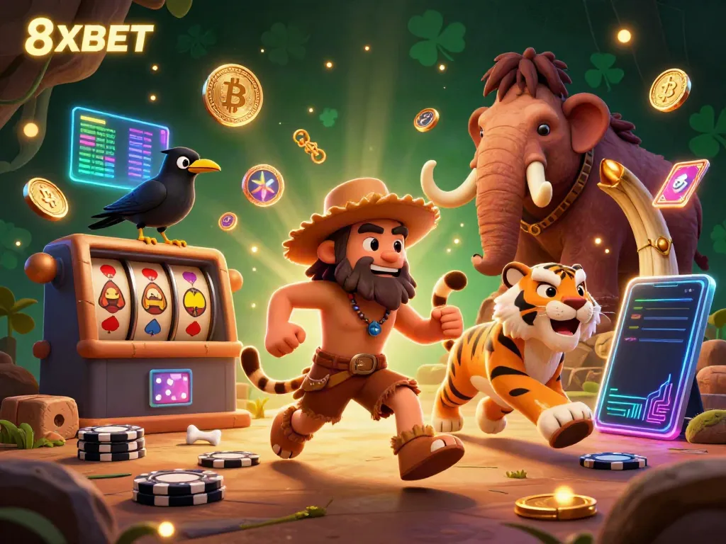 Engage with thrilling games at 8XBET featuring a vibrant prehistoric casino filled with neon crypto elements.