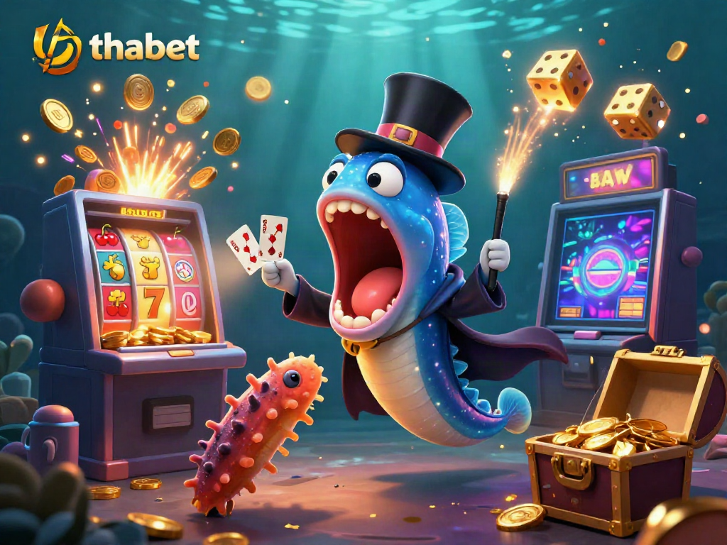 Engaging thabet scene with cartoon characters performing magic tricks amid vibrant casino elements.