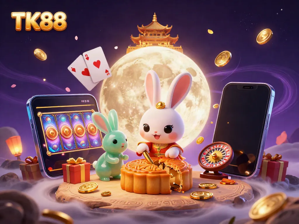 TK88 showcases thrilling gambling experiences with cartoon moon rabbits and traditional games.