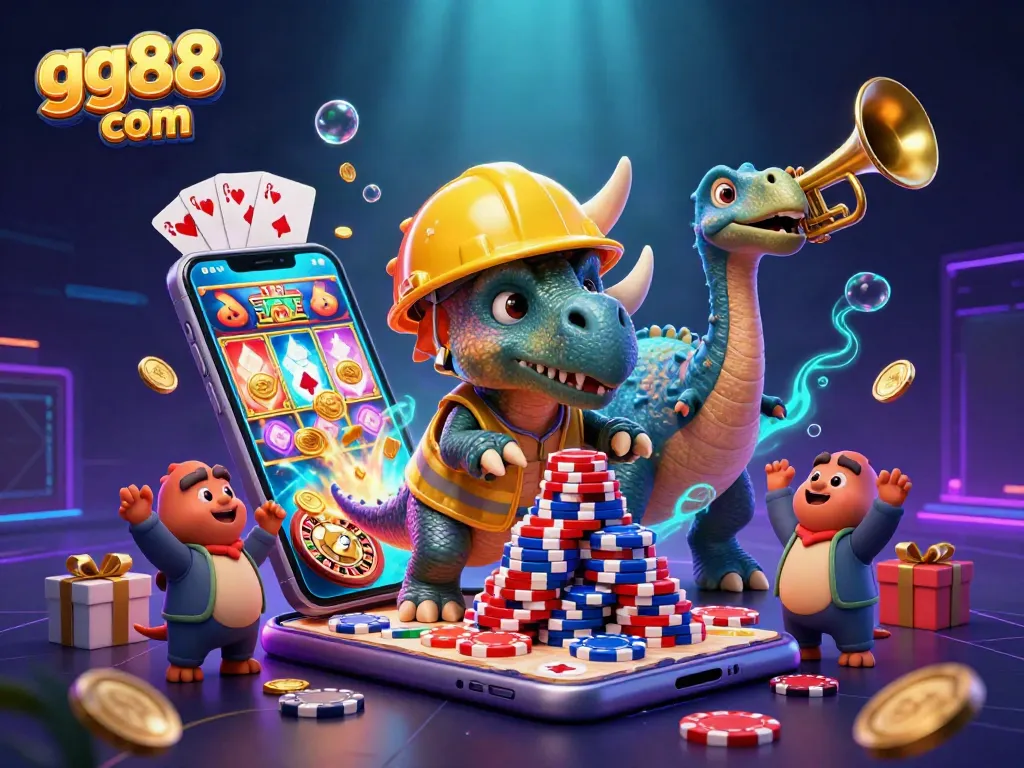 Experience thrilling wins at gg88 com with vibrant slot games, poker chips, and celebratory characters.