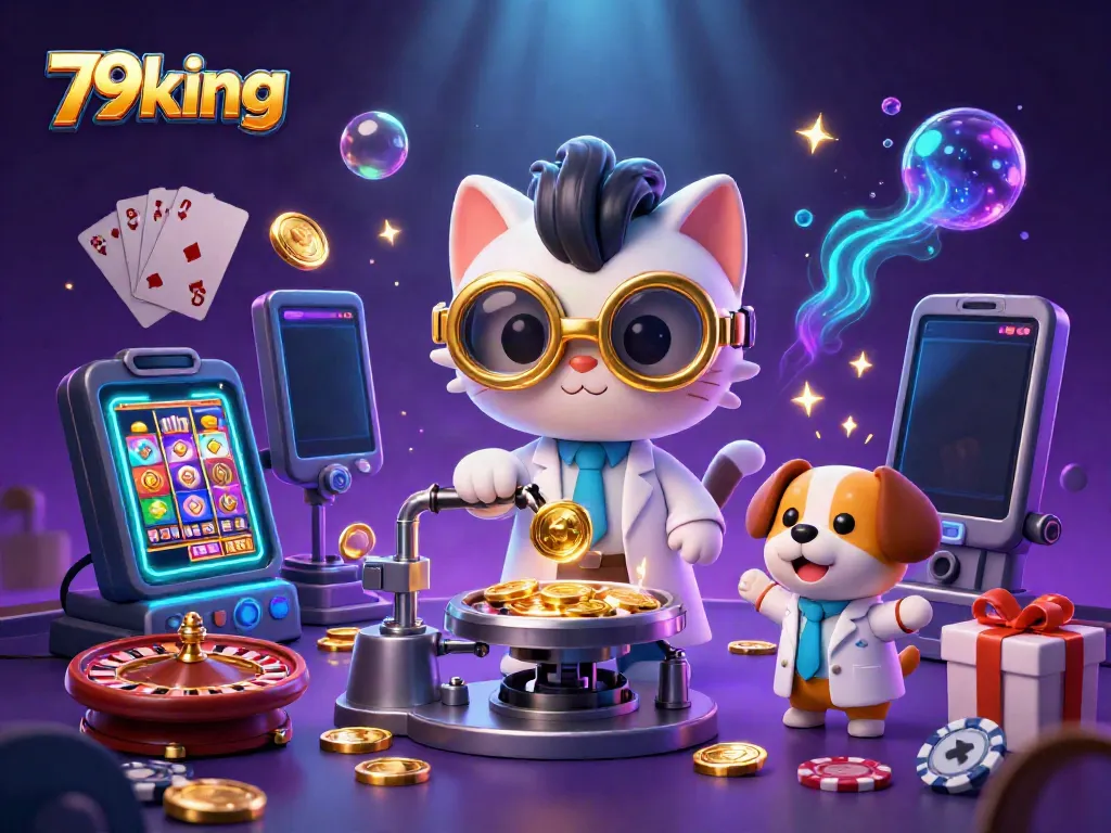 Experience thrilling 79king casino excitement with a cat scientist crafting gold coins and dynamic gaming elements.