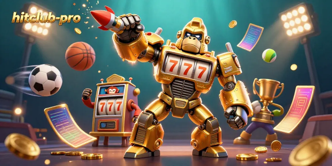 Experience the vibrant and energetic scene of hitclub-pro, featuring a golden gorilla mech and dynamic sports betting elements.