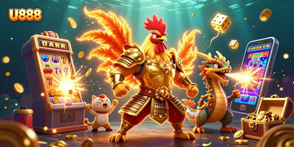 U888 showcases an exhilarating scene of a samurai rooster and dragon amidst dynamic slot machine action.