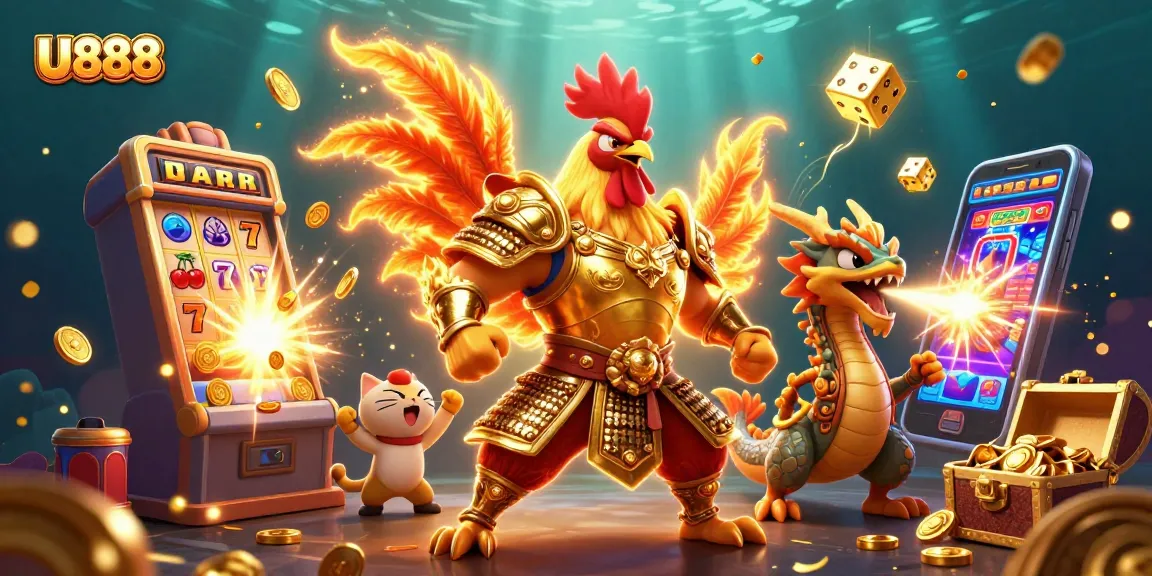 U888 showcases an exhilarating scene of a samurai rooster and dragon amidst dynamic slot machine action.