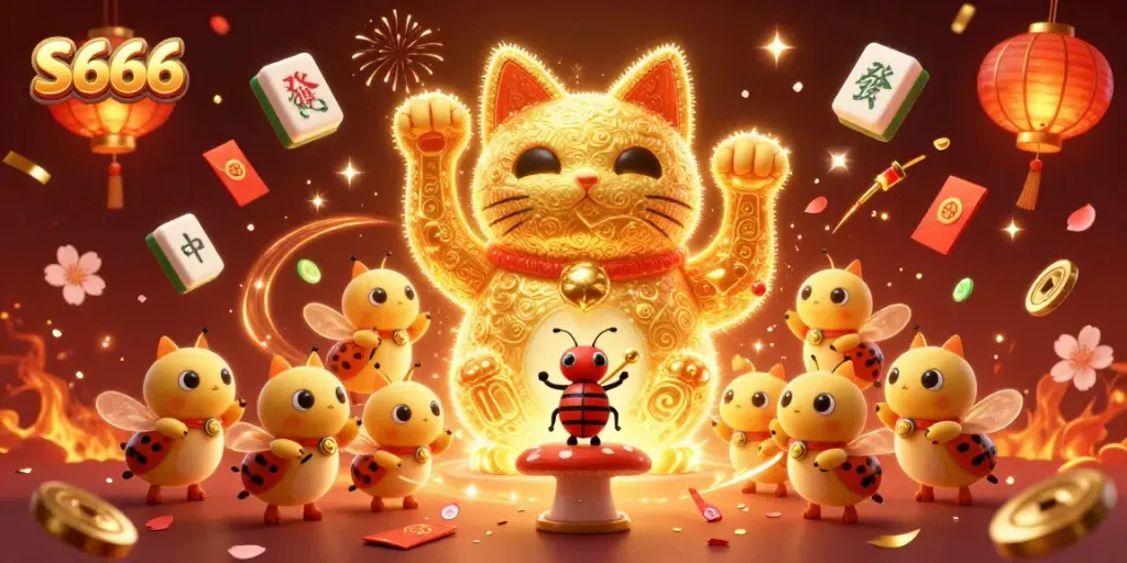 S666 attracts players with vibrant casino games and a stunning lucky cat illustration.