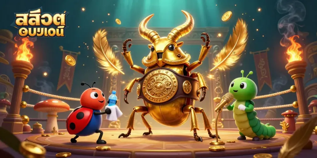 Engage in thrillingสล็อตออนไลน์ action with a dazzling beetle champion and animated casino elements.