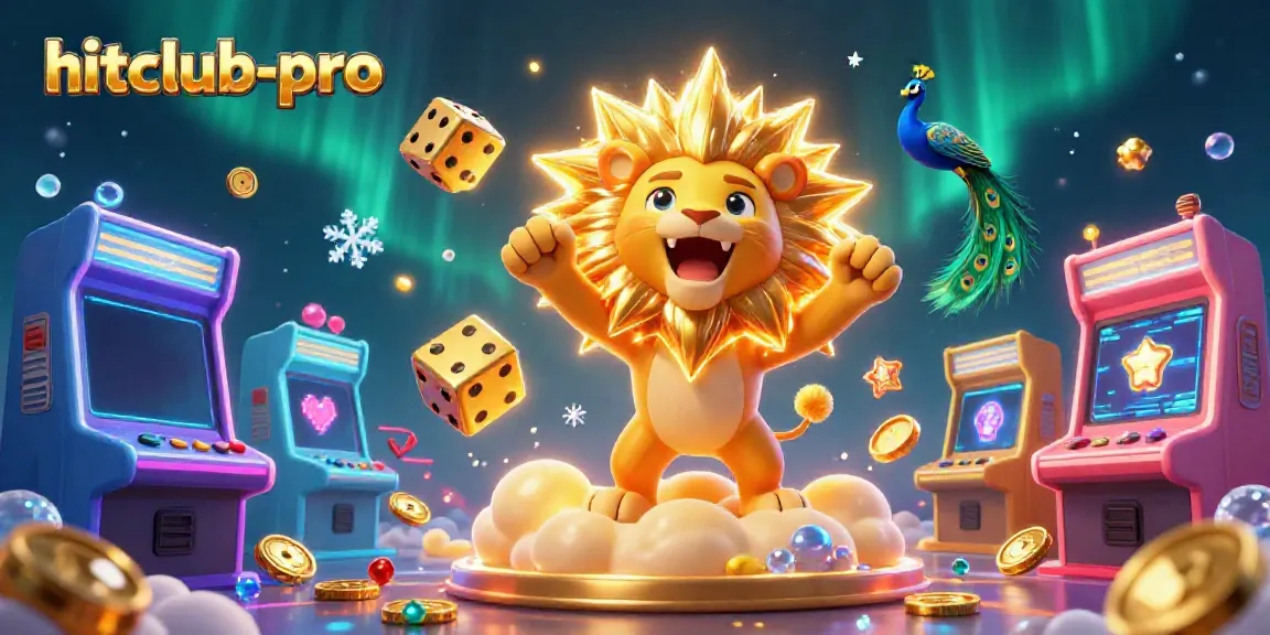 Experience thrilling gameplay with hitclub-pro, featuring a roaring sun lion, golden dice, and arcade machines.