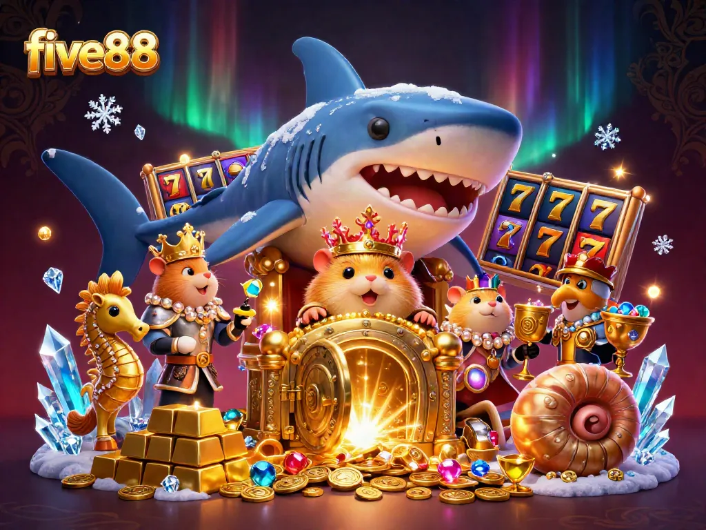 Engage with five88's vibrant online casino world, featuring a golden hamster king on a shark tooth throne amidst slot reels and treasures.