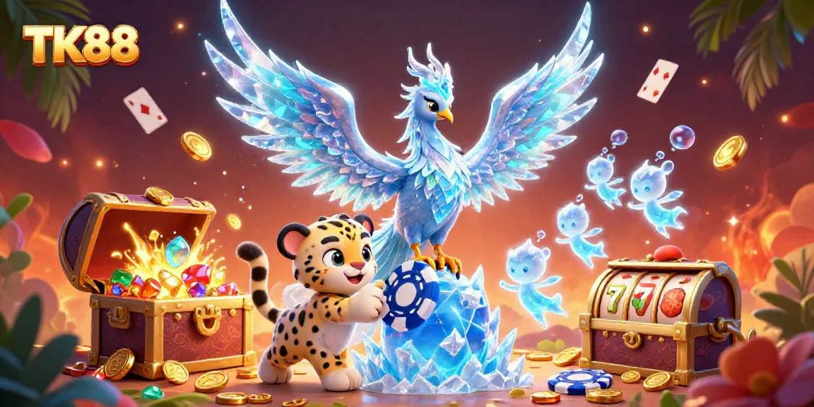 Experience the energy of TK88 with a 3D phoenix and playful snow leopard in a vibrant casino scene.