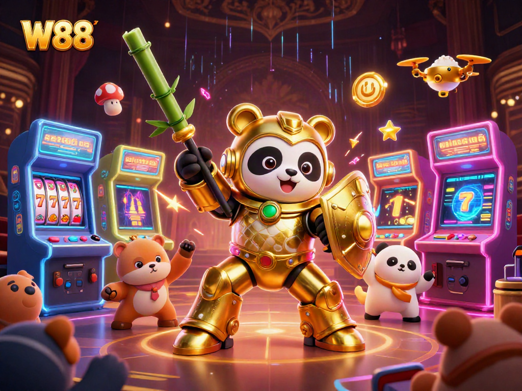 Experience the excitement of W88 with a dynamic 3D gambling scene featuring vibrant casino game elements.