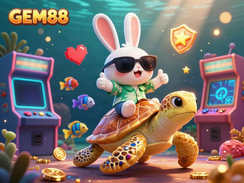 Experience the excitement of GEM88 with a lucky rabbit and golden turtle in a vibrant animated scene.