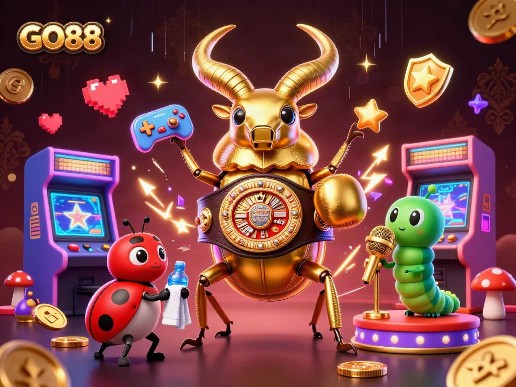 GO88 showcases a dynamic scene with a golden stag beetle champion, ladybug corner-man, and caterpillar announcer.