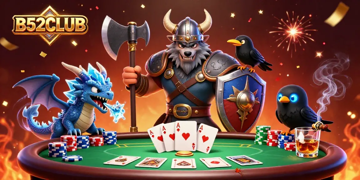 B52CLUB illustrates poker excitement with a Viking wolf, dragon, and raven surrounded by chips and cards.