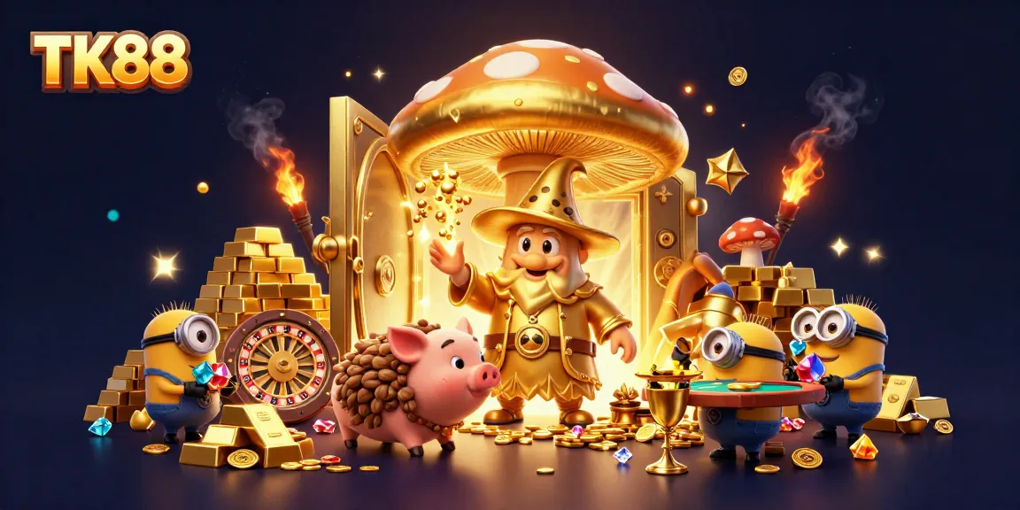 Spin the wheel at TK88 with golden treasures and magical characters for a vibrant casino experience.