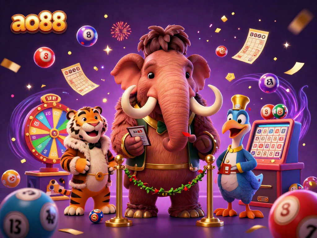 Experience fun at ao88 with a vibrant casino scene featuring a woolly mammoth bouncer and colorful game elements.