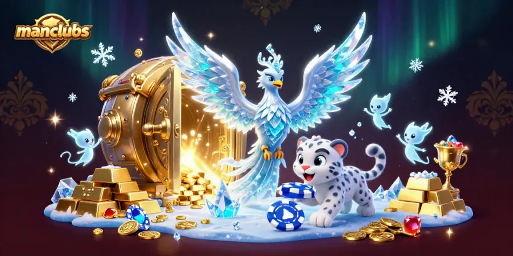 Experience thrilling gameplay with manclubs as a frozen phoenix showcases riches in an enchanting casino world.
