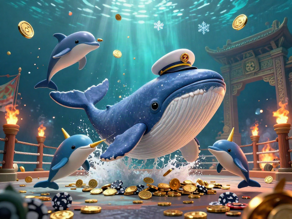 Experience exciting gameplay with Xin88 as a 3D whale surfs through coins, surrounded by playful casino elements.