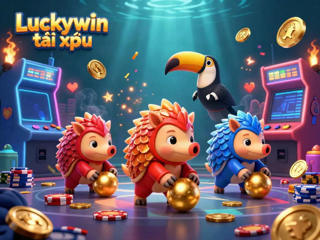Experience thrilling action with Luckywin tài xỉu as cartoon pangolins roll golden balls through poker chips in a vibrant casino.