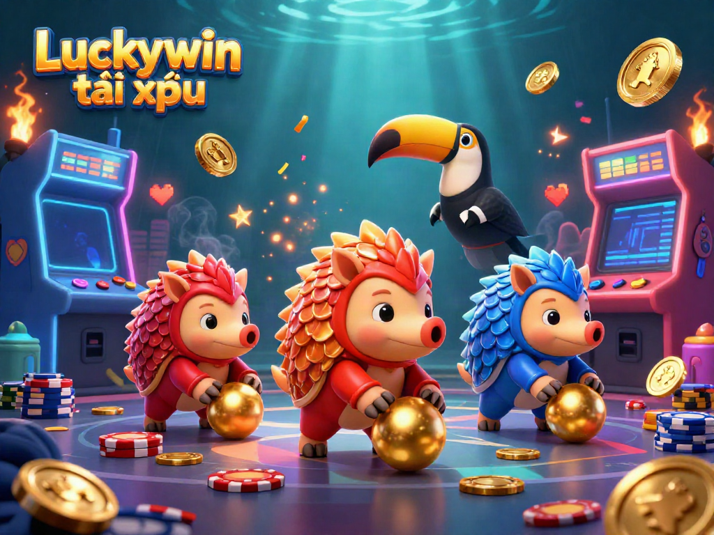 Experience thrilling action with Luckywin tài xỉu as cartoon pangolins roll golden balls through poker chips in a vibrant casino.