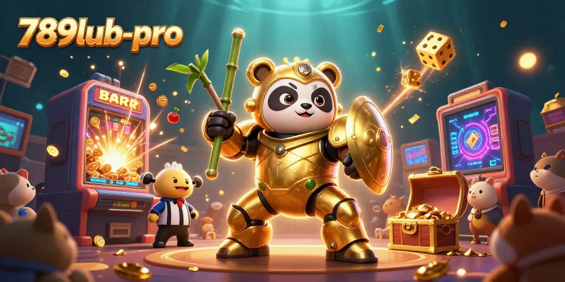 Experience the excitement of 789lub-pro with a golden panda piloting a robot amidst a jackpot explosion!