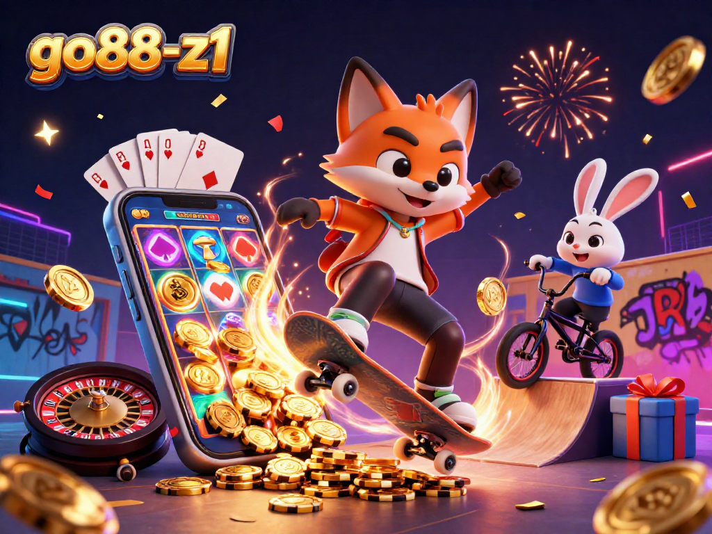Engage with go88-z1's vibrant 3D casino scene featuring dynamic characters and exciting gaming elements.