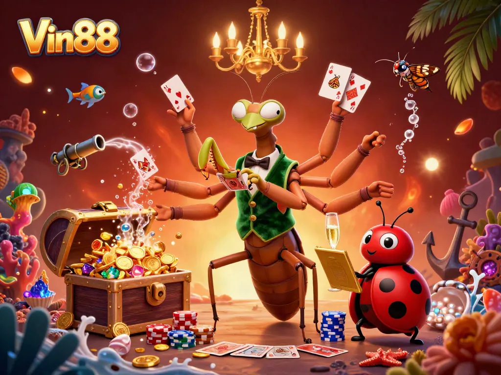 Experience thrilling gameplay at Vin88 with vibrant characters, treasure, and casino elements.