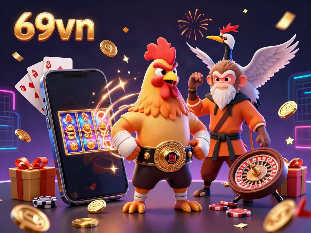 Experience vibrant gameplay at 69vn with dynamic 3D cartoon characters and casino elements.